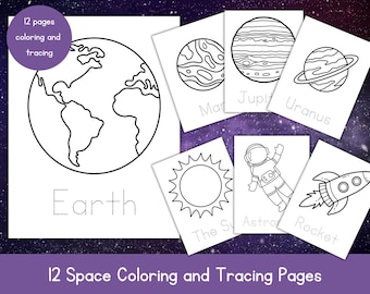 May include: A collection of 12 space-themed coloring and tracing pages. The pages feature line drawings of Earth, planets, the sun, an astronaut, and a rocket. The text on the pages includes "Earth", "Mars", "Jupiter", "Uranus", "The Sun", "Astronaut", and "Rocket".