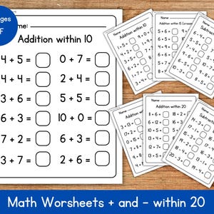Math Worksheets 16 pages, Addition Subtraction within 5/10/20, Math Worksheets, Early Maths Skills, Math Resources for Kids Homeschool