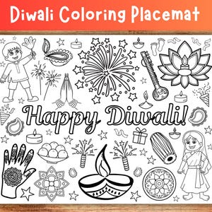 Diwali Coloring Page, Diwali Coloring Placemat, Hindu Coloring, Hindu Coloring Pages, Kids Diwali Printable, Kids Diwali Activity
