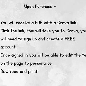 May include: A digital document with instructions for purchase. The text reads "Upon Purchase" followed by bullet points detailing the process: receive a PDF with a Canva link, sign up for a free account, edit text, and download/print.