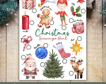 May include: A watercolor Christmas scavenger hunt game with festive illustrations. Includes a Santa hat, elf, gingerbread man, presents, candy cane, bauble, stocking, reindeer, and more. The text "Christmas Scavenger Hunt" is displayed.