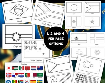 ワールドカップ出場48カ国の国旗、塗り絵ページセット、国際サッカーアクティビティパック（印刷可能なPDF）、子供向け世界各国の国旗