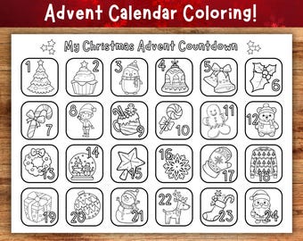 Advent Calendar Coloring Page , Christmas Countdown Coloring, Printable Christmas Activity, Kids Christmas Coloring Activity