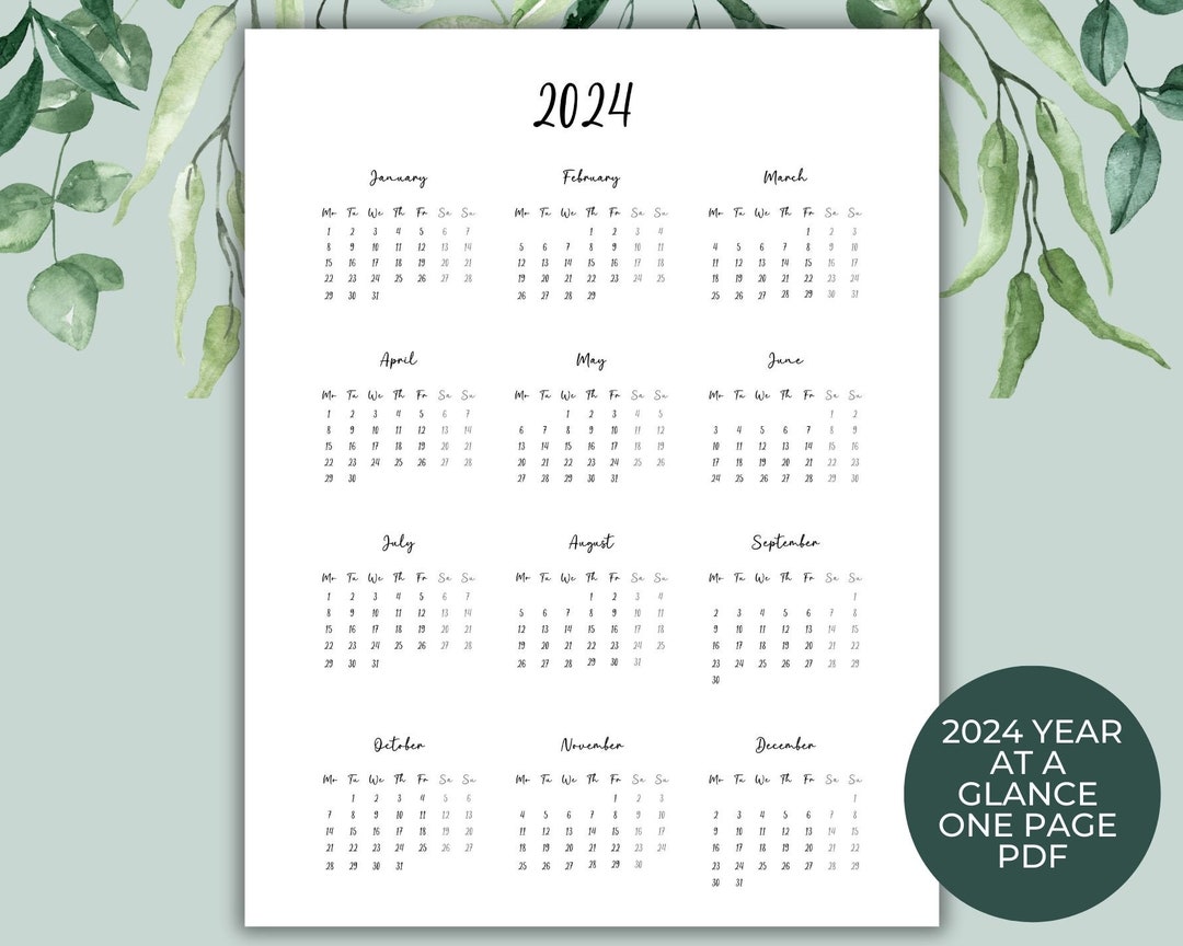 2024 Year Calendar on One Page, Year in a Glance Printable Digital