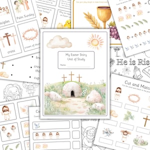Peut inclure: Ensemble de documents imprimables éducatifs sur le thème de Pâques. L'image centrale est une couverture pour un livret "My Easter Story Unit of Study", avec une illustration à l'aquarelle d'un tombeau et de croix. Autres pages : Palm Sunday, croix et activités de comptage.