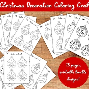 Könnte beinhalten: Ein Set mit 15 druckbaren Weihnachtsbaumschmuck-Malvorlagen. Jede Seite zeigt ein anderes Design, darunter einen Schneemann, einen Pinguin, einen Bären und einen Weihnachtsmann. Die Seiten sind schwarzweiß und zum Ausmalen bereit.