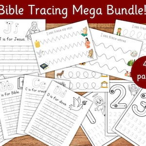 Bible Tracing Worksheets Bundle, Sunday School Educational Activity, ABC Handwriting, Number Formation, Bible Study, Tracing Printables