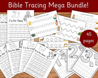 Bible Tracing Worksheets Bundle, Sunday School Educational Activity, ABC Handwriting, Number Formation, Bible Study, Tracing Printables