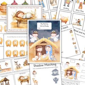May include: A set of watercolour illustrations depicting the Nativity story. Includes images of baby Jesus, Mary, Joseph, angels, and animals. Educational worksheets with matching activities and text are also present.