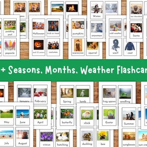 Flashcard stagioni, Flashcard meteo, Mesi dell'anno, Stampabili educativi, Flashcard prescolastiche per bambini, Inverno Primavera Estate Autunno