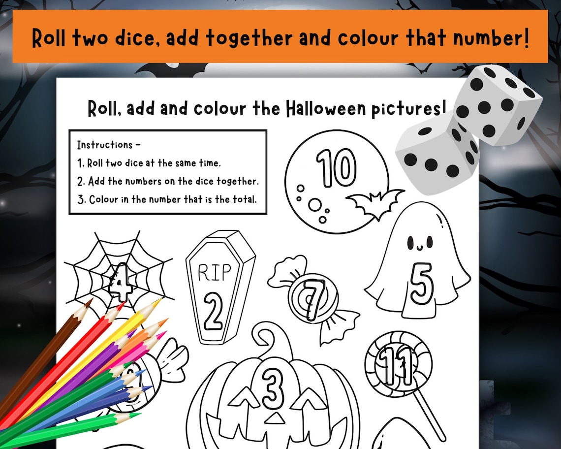 Kids Halloween Maths Games, Addition Dice Game, Printable Kids ...