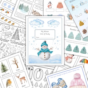 May include: A collection of educational winter-themed activity sheets featuring watercolor illustrations of snowmen, pine trees, deer, and winter clothing. The central page is titled My Winter Unit of Study with a snowman wearing a blue hat.