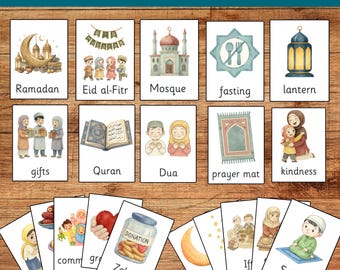 Tarjetas didácticas de Ramadán, tarjetas didácticas de Ramadán, tarjetas didácticas de Eid al-Fitr, imprimibles educativos, tarjetas didácticas para niños pequeños, preescolar, estudios islámicos