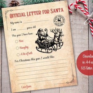 Carta para Papá Noel imprimible, lista de deseos de Navidad, carta vintage para Papá Noel, actividad navideña para niños, imprimible navideño