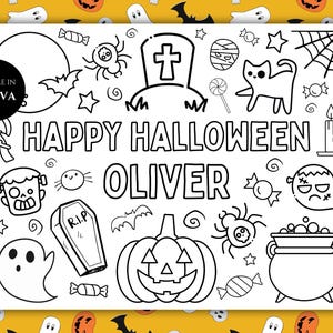 Könnte beinhalten: Schwarz-weiße Halloween-Illustration mit Kürbis, Katze, Spinne und Grabstein. Der Text "HAPPY HALLOWEEN OLIVER" ist zu sehen, zusammen mit einem Logo "Editable in Canva".
