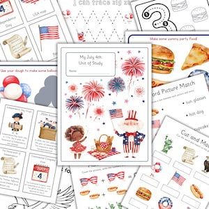 May include: A collection of educational worksheets for a July 4th unit of study. The pages feature watercolour illustrations of fireworks, an Uncle Sam figure, a child, picnic food, and the American flag, alongside text prompts for tracing and matching.