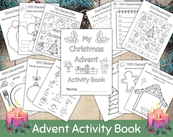 May include: A black and white Christmas Advent Activity Book with various coloring and activity pages. The cover features the title "My Christmas Advent Activity Book" and illustrations of Santa Claus and a child. The pages are surrounded by festive decorations.