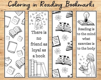 Printable Book Themed Coloring Bookmarks, Color your own reading bookmarks, cosy cute bookmark printable for kids and adults