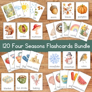 May include: A set of 20 flashcards with watercolour illustrations of seasonal themes. Cards feature images of a squirrel, pumpkin, snowflake, and more. The text "120 Four Seasons Flashcards Bundle" is displayed.