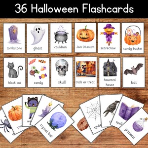 May include: A set of 36 Halloween flashcards with watercolor illustrations. The cards feature images of a tombstone, ghost, cauldron, Jack O'Lantern, scarecrow, candy bucket, black cat, candy, skull, trick or treat, haunted house, and bat.