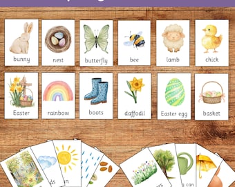 Lenteflashkaarten, paaskaarten, educatief afdrukbaar, flashcards voor peuters, voorschoolse flashcards, lente Trefwoorden Seizoenen Woordenschat