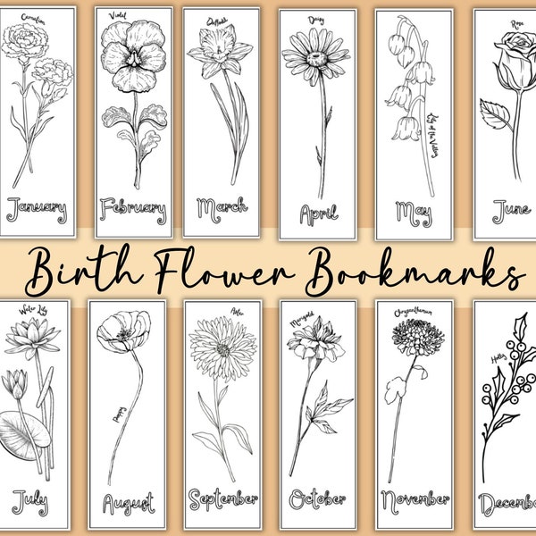 Printable birth month flower coloring bookmarks, color your own bookmarks, bookmark printable for kids and adults, birthday coloring