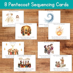 May include: Set of 8 Pentecost Sequencing Cards with watercolor illustrations. Each card depicts a scene from the Pentecost story, including Jesus' ascension, the Holy Spirit, and the disciples speaking in tongues. The cards are arranged on a wooden surface.