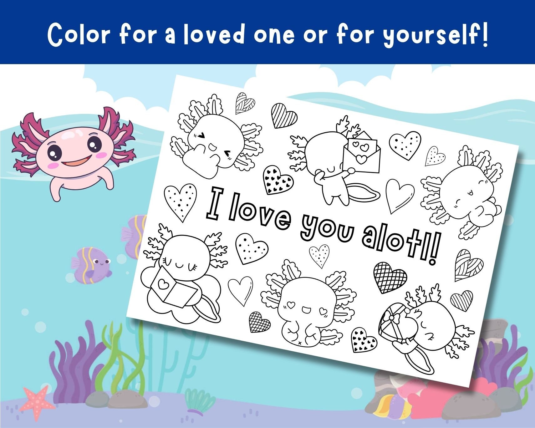 Printable Axolotl Coloring Page, Valentine's Printable for Kids and ...