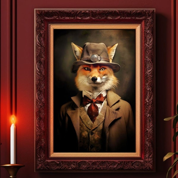 Fox in Suit and Hat Art Print No.1, Gentleman Fox, Digital Download, Vintage Portrait, Whimsical Cottagecore, Wall Decor, Dark Academia