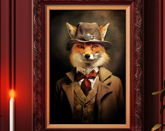 Fox in Suit and Hat Art Print No.1, Gentleman Fox, Digital Download, Vintage Portrait, Whimsical Cottagecore, Wall Decor, Dark Academia