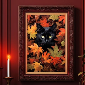 Black Cat Art Print, Kitten Hiding in Fall Leaves, Digital Download, Cottagecore, Halloween, Dark Academia