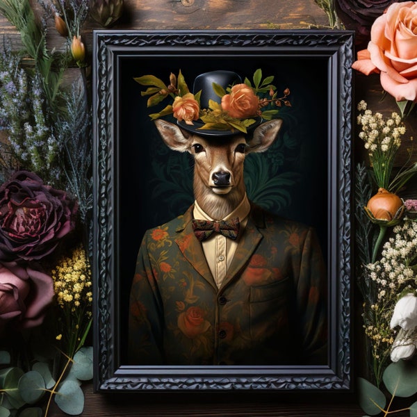 Deer in Suit and Hat Portrait Art Print No.3, Digital Download, Dark Forest Wall Decor, Forestcore