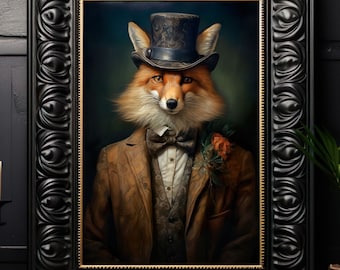 Fox in Suit and Hat Art Print No.3, Gentleman Fox, Digital Download, Vintage Portrait, Whimsical Cottagecore, Wall Decor, Dark Academia