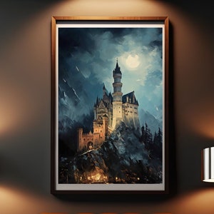 Neuschwanstein Castle in Germany at Nighttime No.1 Art Print, Wall Decor, Moody Grungy Oil Painting Style Print