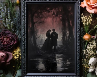 Vampires in Love Art Print, Digital Download, Painting, Dark Forest Mystique, Forestcore, Goth, Paranormal