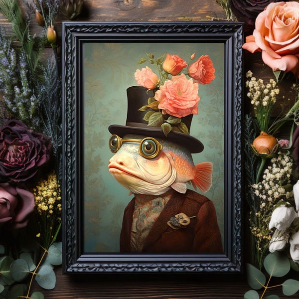 Fish in Suit and Hat Art Print No.2, Gentleman Fish, Digital Download, Vintage Portrait, Whimsical Cottagecore, Wall Decor, Dark Academia