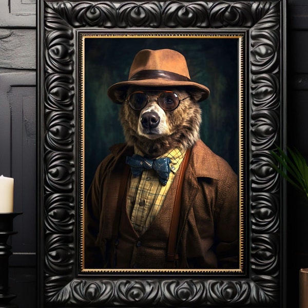 Bear in Suit and Hat Art Print No.2, Gentleman Bear, Vintage Portrait, Whimsical Cottagecore, Fantasy Wall Decor, Dark Academia