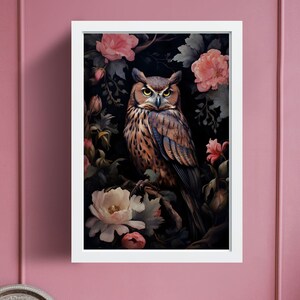 Owl in Flowers Art Print No.2, Digital Download, Dark Forest Wall Decor, Forestcore
