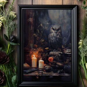 Owl with Books and Candles Art Print No.1, Digital Download, Dark Forest Wall Decor, Forestcore