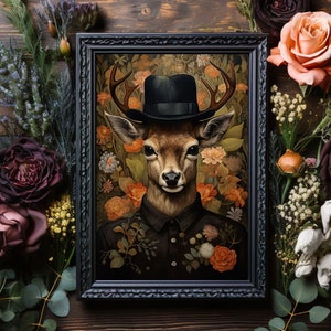 Deer in Suit and Hat Portrait Art Print No.1, Dark Forest Wall Decor, Forestcore