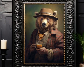 Bear in Suit and Hat Art Print No.4, Gentleman Bear, Digital Download, Vintage Portrait, Whimsical Cottagecore, Wall Decor, Dark Academia