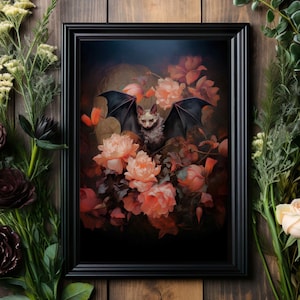 Bat in Flowers Art Print No.4, Digital Download, Dark Forest Wall Decor, Forestcore