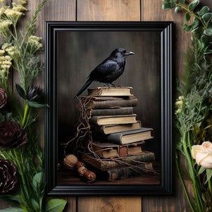 Raven on Stack of Books Art Print No.1, Dark Wall Decor, Forestcore, Dark Academia