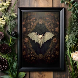 White Bat in Flowers Art Print No.5, Digital Download, Dark Forest Wall Decor, Forestcore