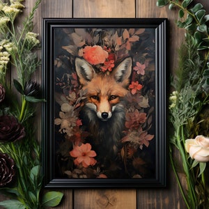 Fox in Flowers Art Print No.4, Digital Download, Dark Forest Wall Decor, Forestcore