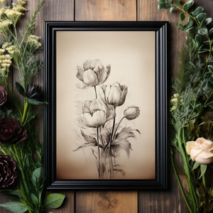 Gestern Botanical No.5 Kunstdruck, Dark Academia, Moody Grungy Blumen in Bleistift Art