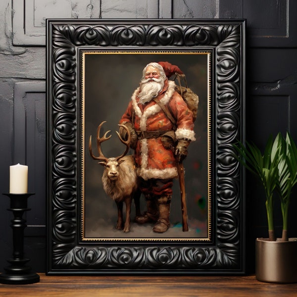 Christmas Santa Claus with Reindeer No.2 Art Print, Old World Santa, Oil Painting Style, Wall Decor