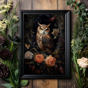 Owl in Flowers Art Print No.1, Digital Download, Dark Forest Wall Decor, Forestcore