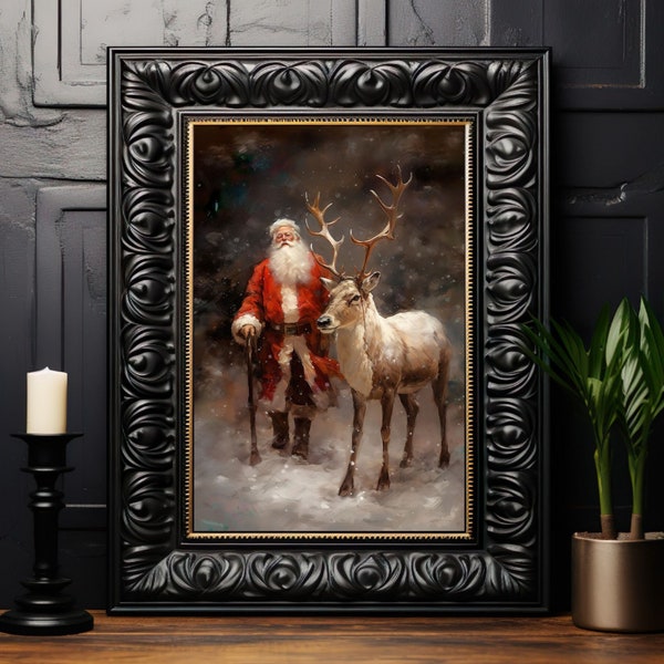 Christmas Santa Claus with Reindeer No.1 Art Print, Old World Santa, Oil Painting Style, Wall Decor