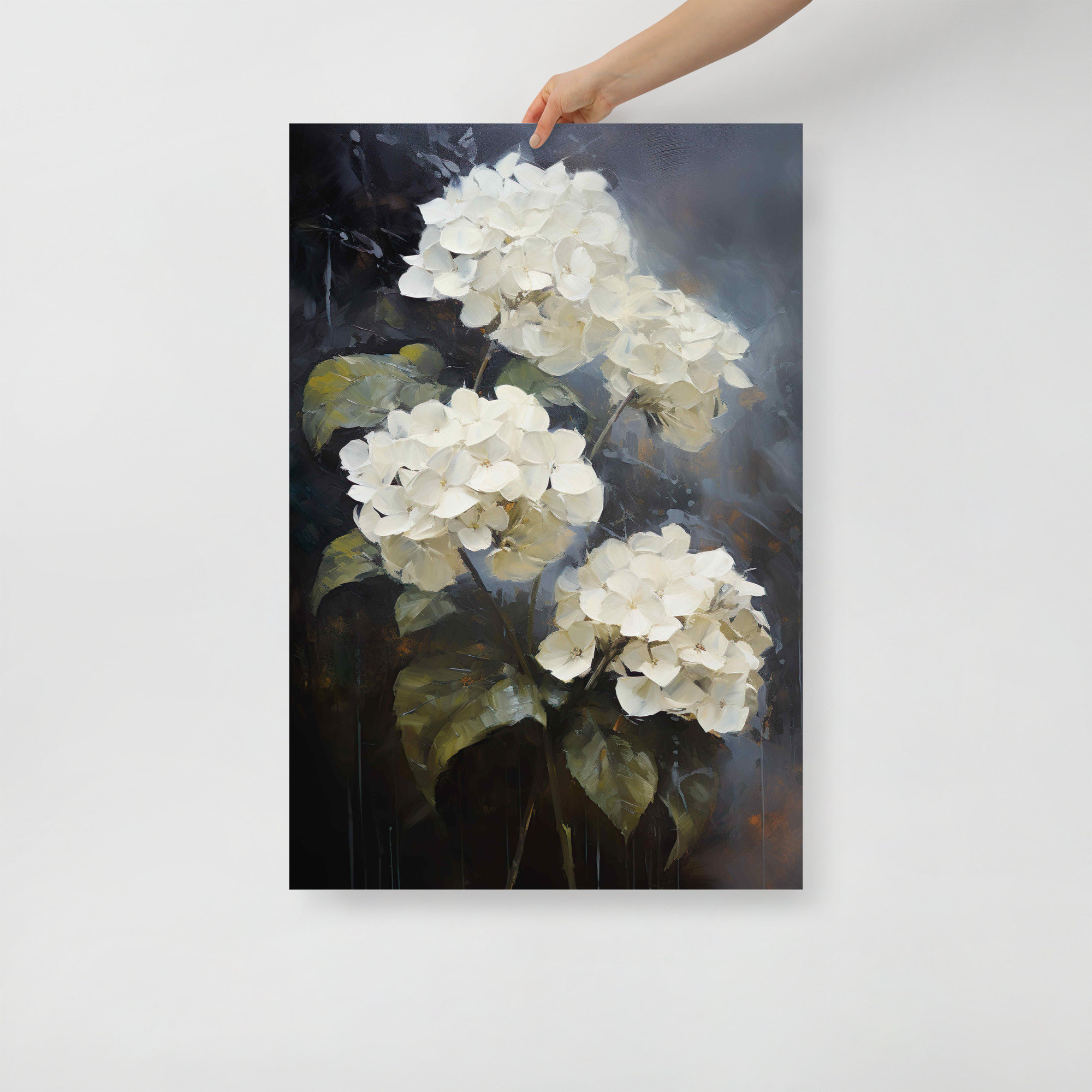 White Hydrangea No.1 Art Print, Wall Decor, Dark Moody Oil Painting ...